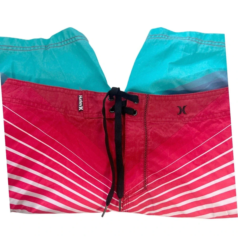 Hurley Mens Board Short Size 34 Red Teal Sunburst Striped Swim Trunks MBS0004710